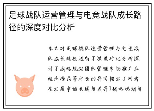 足球战队运营管理与电竞战队成长路径的深度对比分析