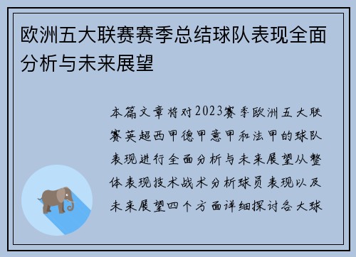 欧洲五大联赛赛季总结球队表现全面分析与未来展望