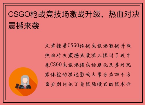 CSGO枪战竞技场激战升级，热血对决震撼来袭